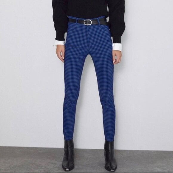 Zara Blue Checkered Gingham High Waist Stretch Pants Women's Size Medium - Picture 1 of 6